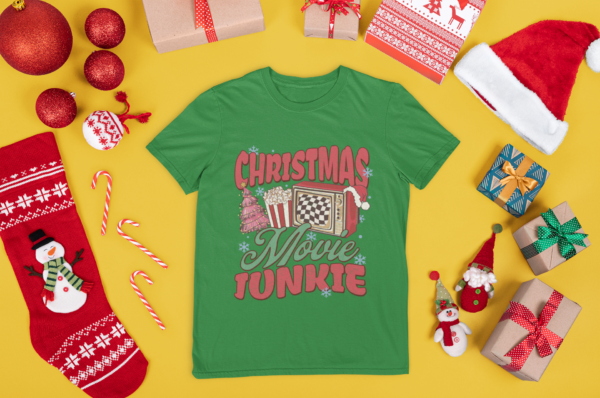 "Christmas Movie Junkie T-Shirt – Festive Holiday Apparel, Perfect Gift for Movie Lovers and Holiday Enthusiasts"